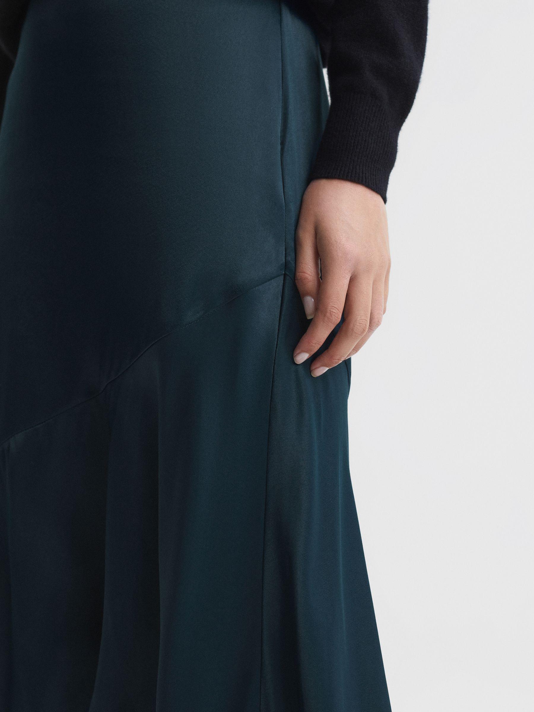 Satin High Rise Midi Skirt in Teal Product Image