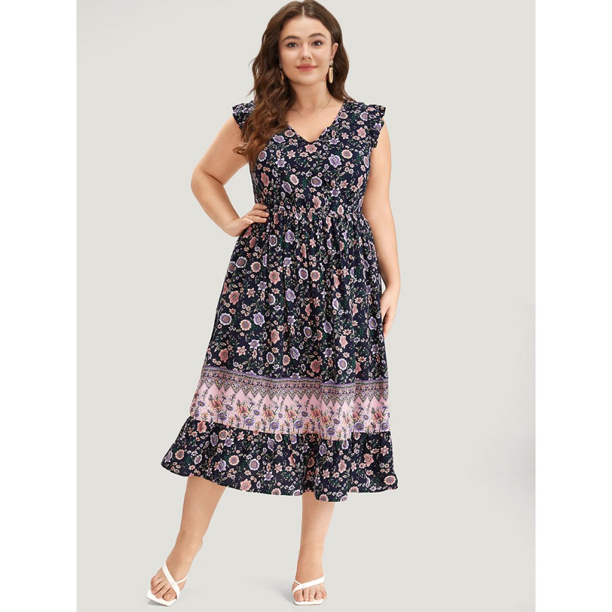 Plus Size Bandana Print Contrast Ruffle Cap Sleeve Pocket Dress Indigo Women Elegant Gathered V-neck Sleeveless Curvy Midi Dress BloomChic 10/M Product Image