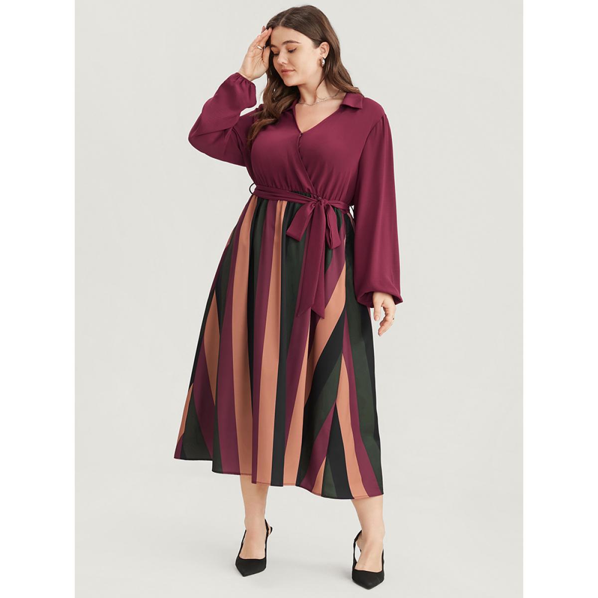 Plus Size Solid Patchwork Wrap Pocket Lantern Sleeve Belted Striped Dress Multicolor Women Office Patchwork V-neck Long Sleeve Curvy Midi Dress BloomChic 10/M Product Image