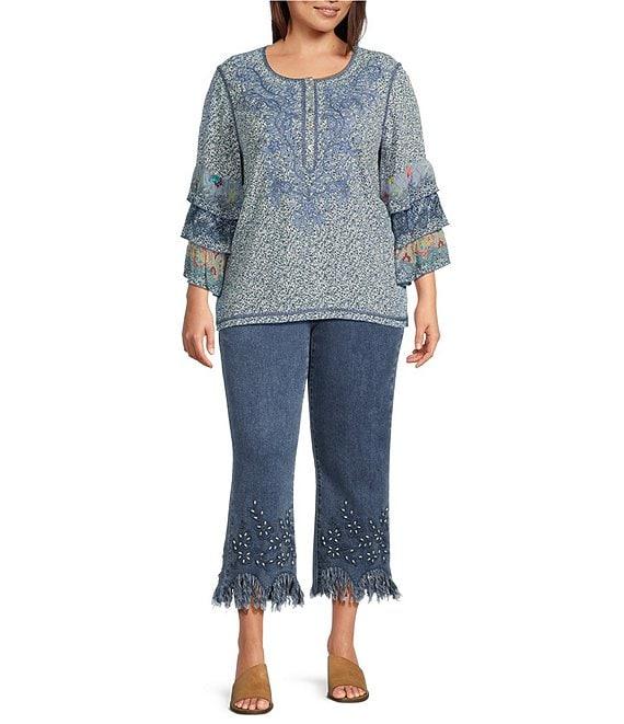 John Mark Plus Size Floral Embroidery Beaded Fringe Hem Ankle Jeans Product Image