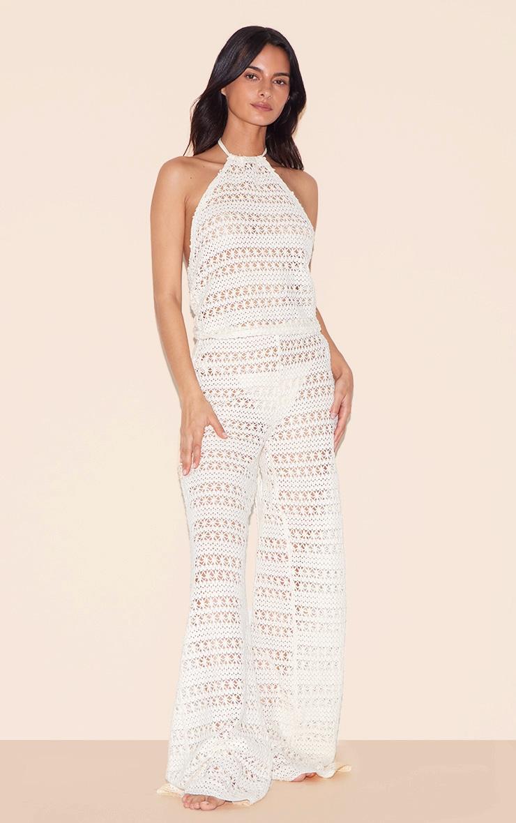 Cream Crochet Wide Leg Pant Beach Set Product Image