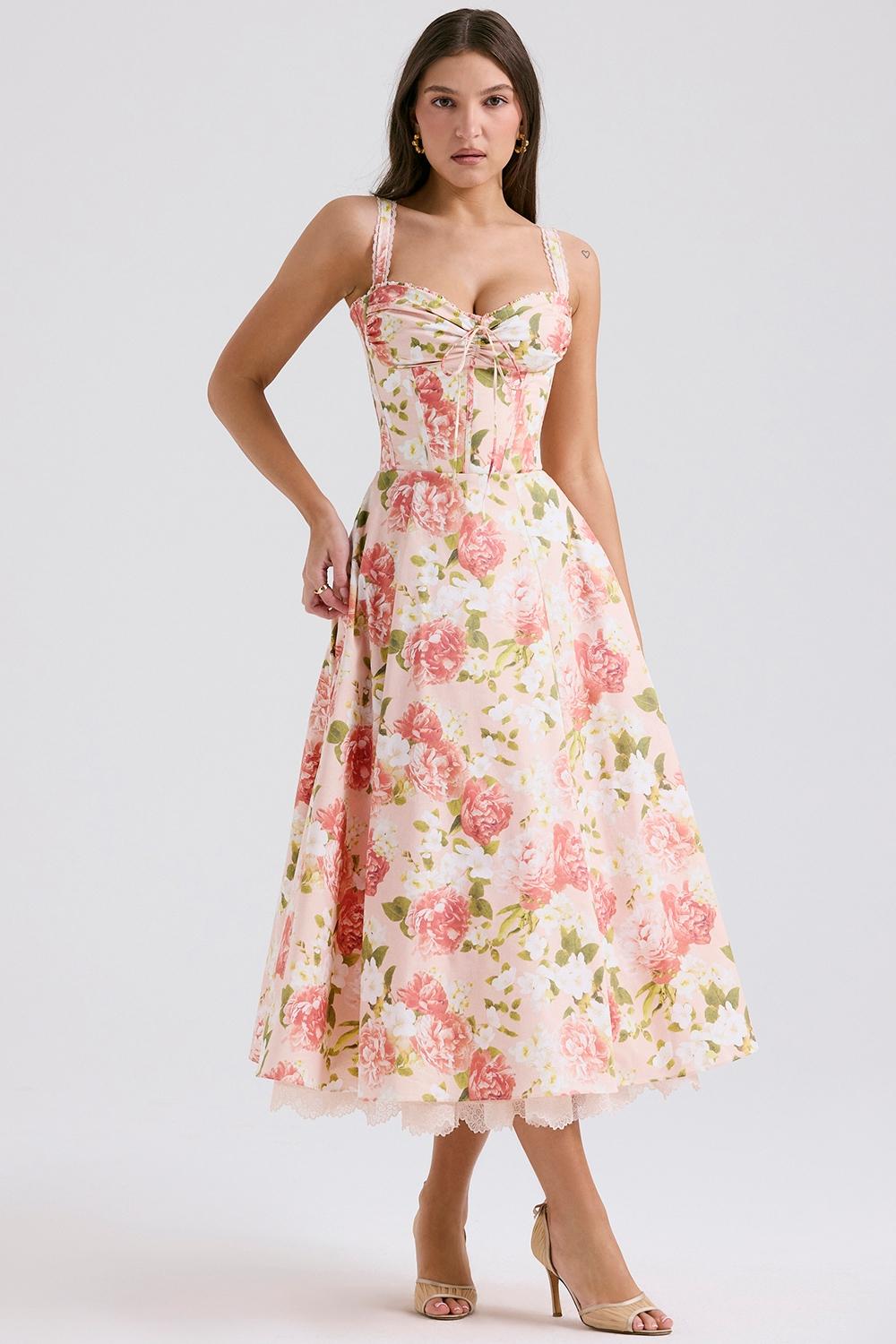 Rosalee  pink peony print cotton bustier sundress Product Image