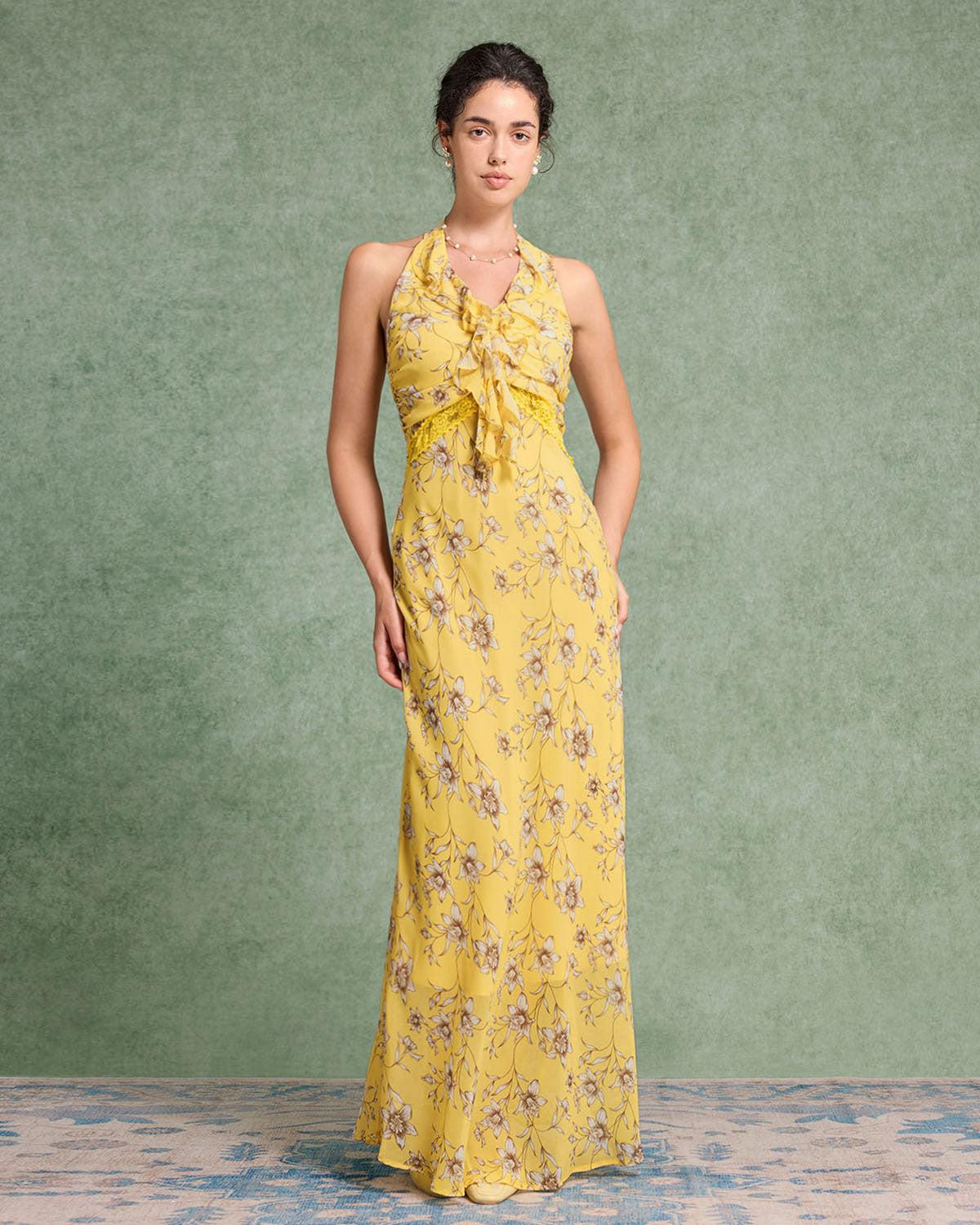 Yellow Floral Shirred Halter Maxi Dress Product Image