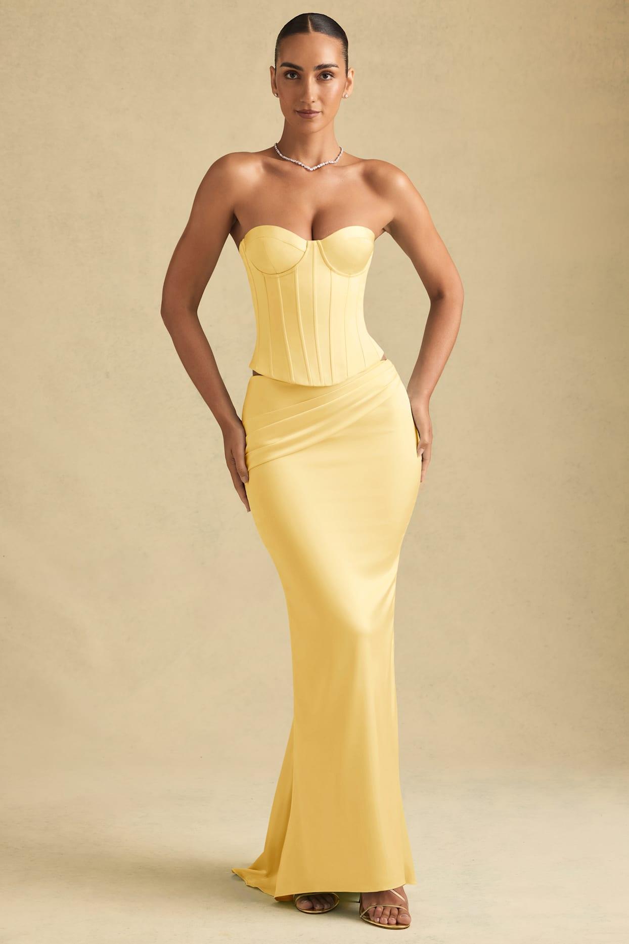 Draped Low-Rise Maxi Skirt in Pastel Yellow Product Image