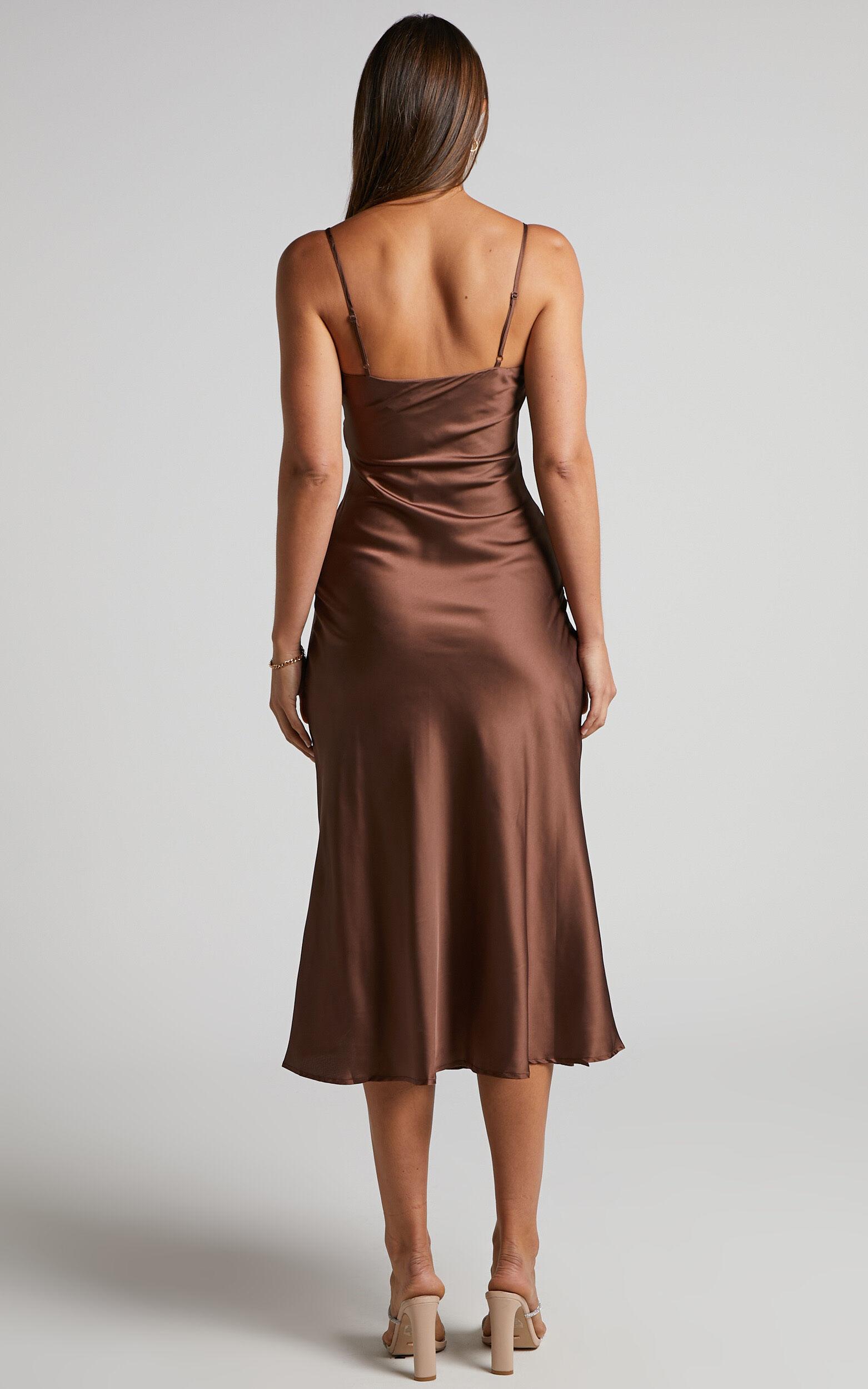 Flordeliza Midi Dress - Cowl Neck Thigh Slit Slip Dress in Chocolate Product Image