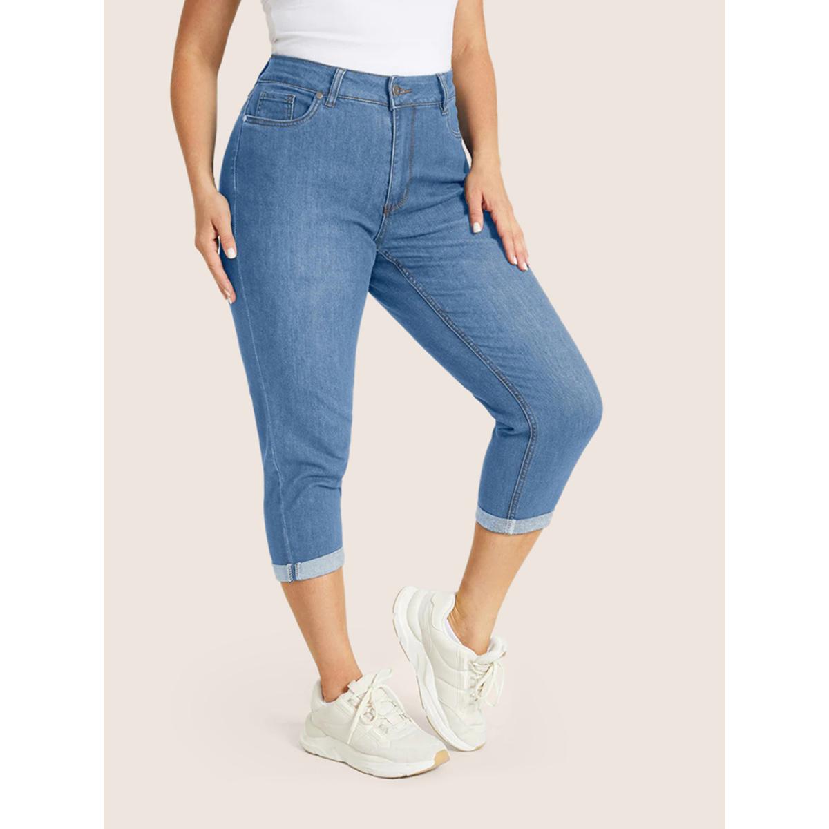 Plus Size Very Stretchy High Rise Dark Wash Cropped Jeans Women LightBlue Leisure Plain High stretch Slanted pocket Jeans BloomChic 16/1X Product Image