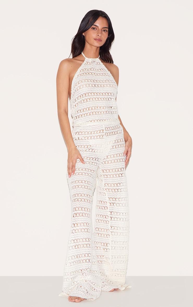 Cream Crochet Wide Leg Pant Beach Set Product Image