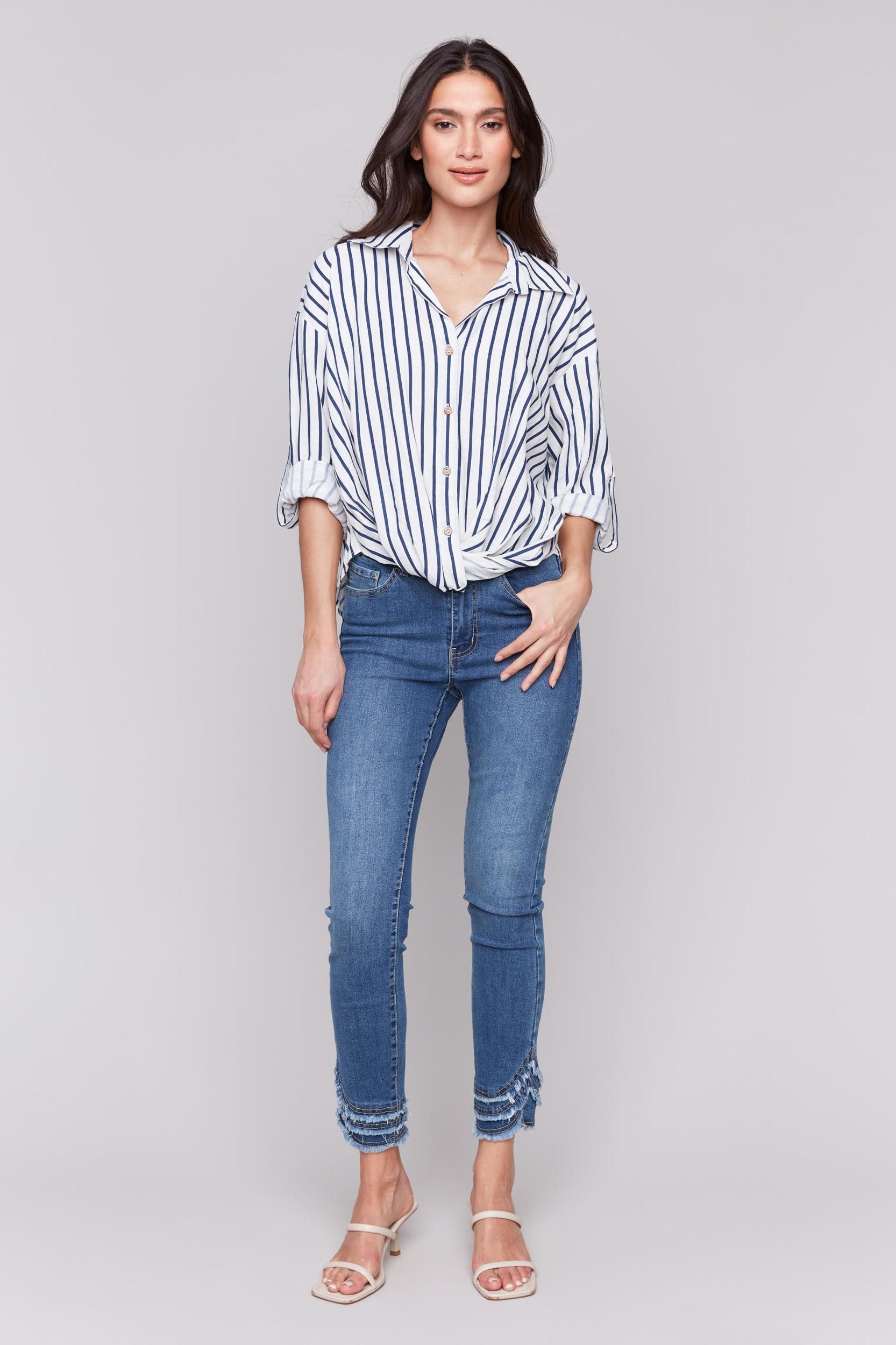 Striped Roll Up Sleeves Blouse with Front Twist Product Image