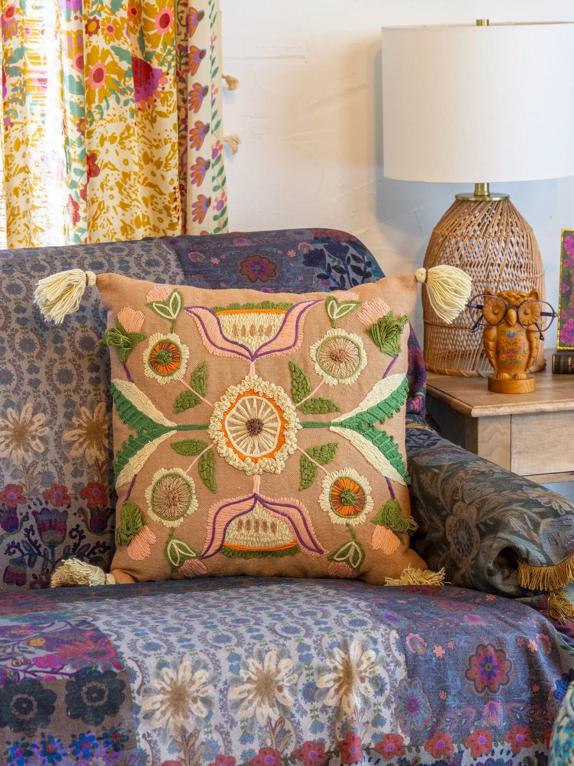 Cotton Patti Pillow - Embroidered Pink Flower Product Image