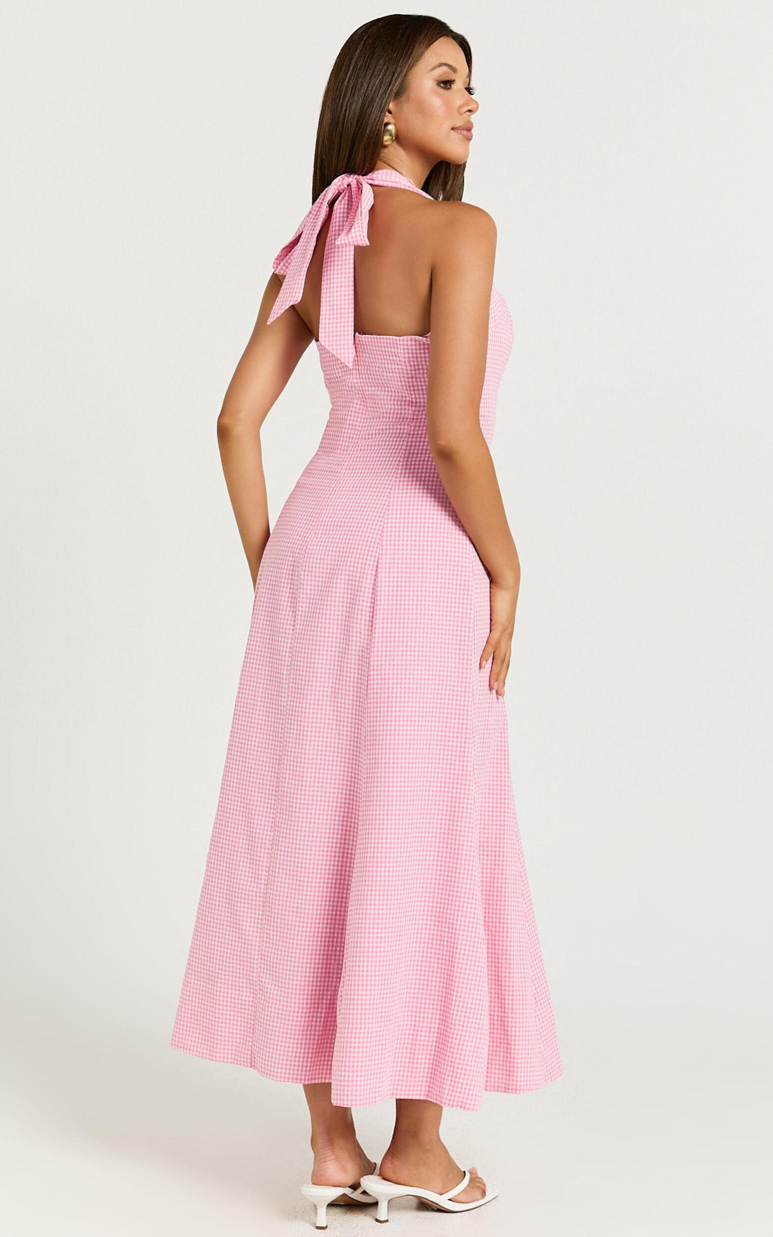 Narissa Midi Dress - Halter A Line Dress in Pink Gingham Product Image