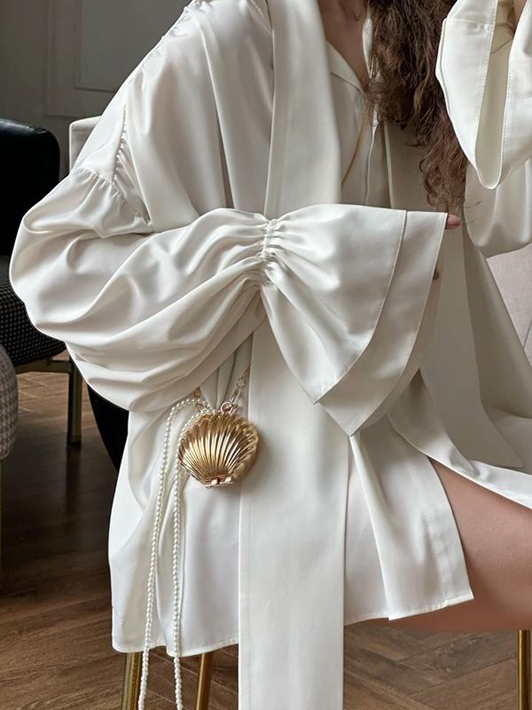 Flared Sleeves Long Sleeves Double Layered Elasticity Solid Color Tied V-Neck Blouses&Shirts Tops Product Image