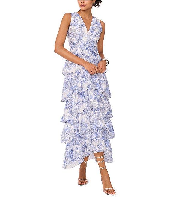1. STATE Woven Toile Print V-Neck Sleeveless Tiered Ruffle Maxi Dress Product Image