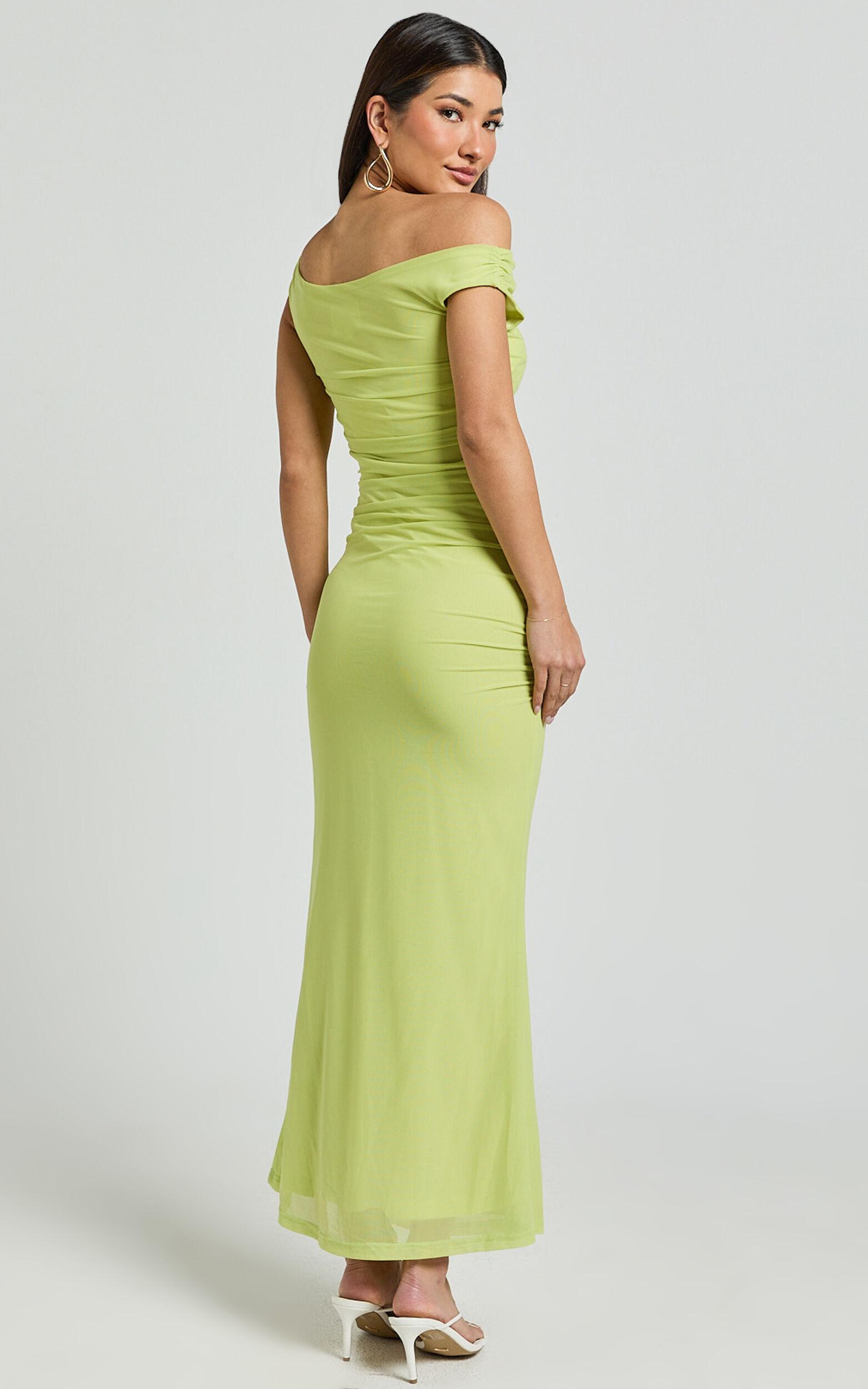 Vicky Midi Dress - Off the Shoulder Slip Dress in Lime Product Image
