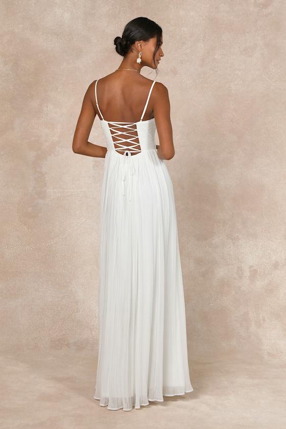 Glorious Elegance White Pleated Sleeveless Lace-Up Maxi Dress Product Image
