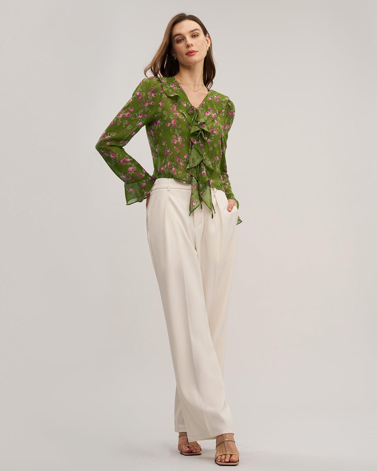Green Floral Chiffon Ruffle Blouse Product Image