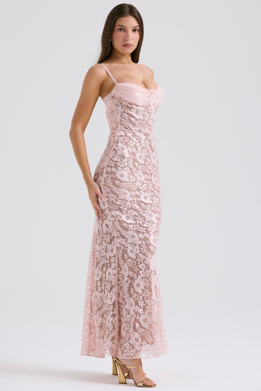 Azzurra  rose pink lace godet gown Product Image