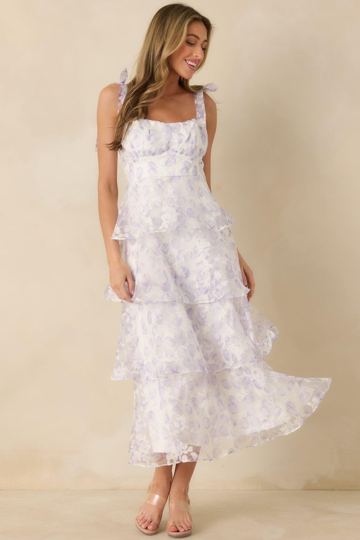 Living In Wonderland Lavender Tulip Floral Midi Dress Product Image