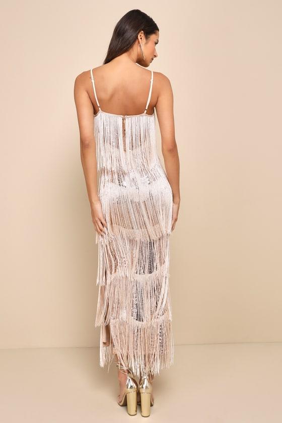 Get in the Groove Champagne Sequin Fringe Bodycon Maxi Dress Product Image