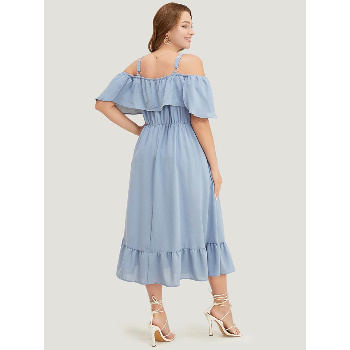 Plus Size Plain Ruffle Trim Pocket Cold Shoulder Button Detail Dress Stone Women Vacation Adjustable Straps One-shoulder neck Short sleeve Curvy Midi Dress BloomChic 12/L Product Image