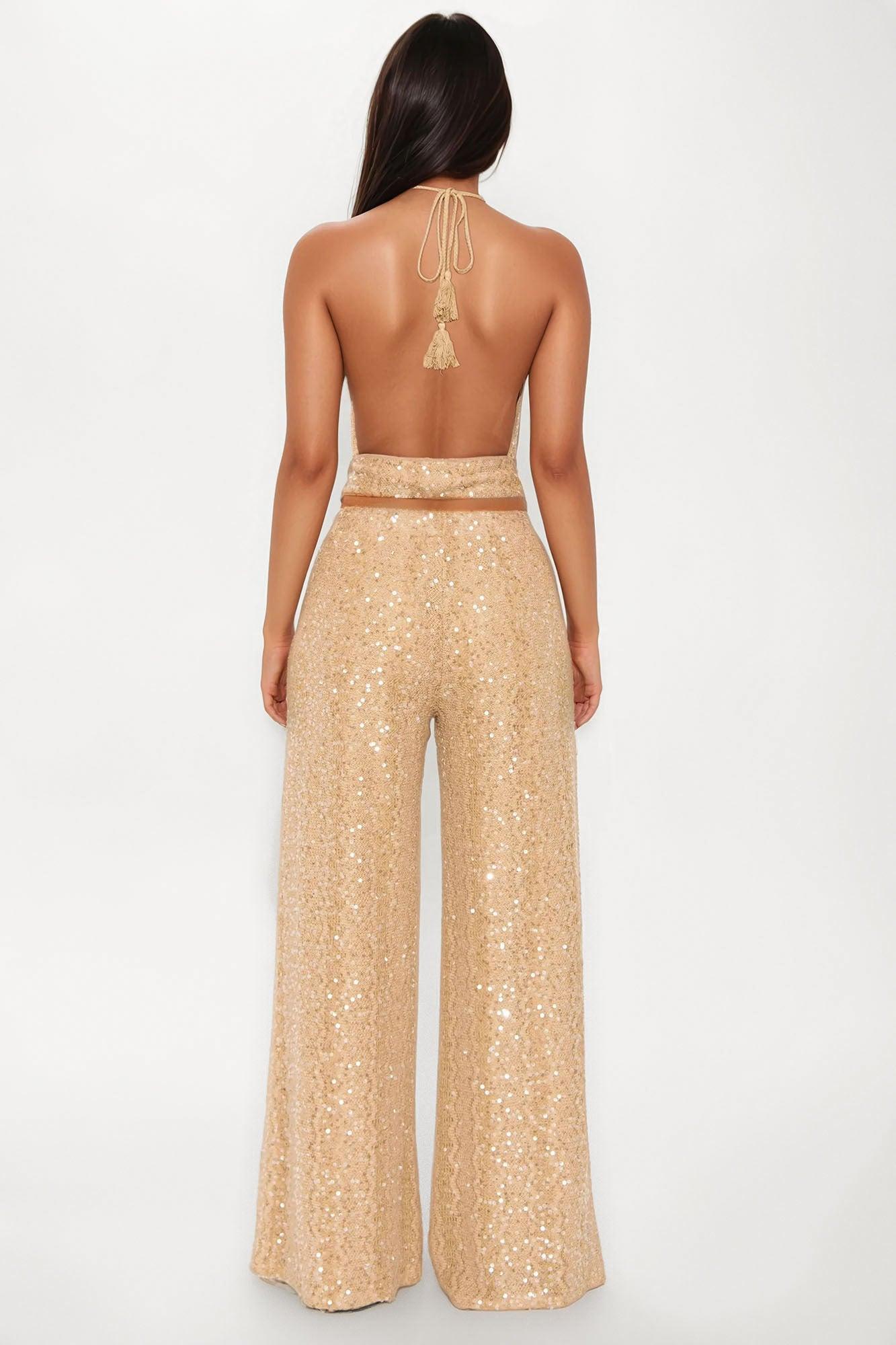 Pearl Tide Crochet Halter Wide Leg Pant Set - Tan Female Product Image