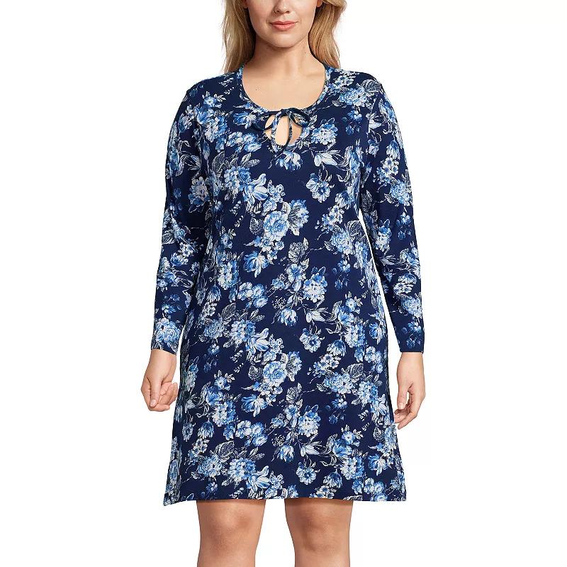 Plus Size Lands' End Cotton Long Sleeve Nightgown, Women's, Size: 3XL, Blue Linework Floral Product Image