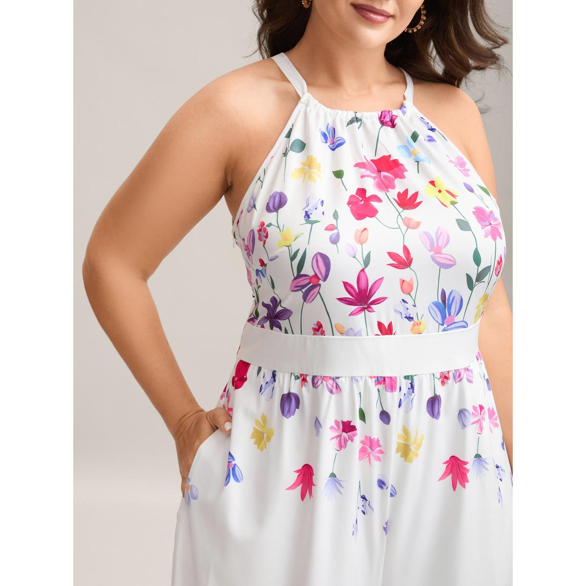 Plus Size WhiteSmoke Floral Dance Halter Neck Wide-Leg Jumpsuit Women Sleeveless Halter neck Everyday-Elegant Loose Jumpsuits BloomChic 14-16/1X Product Image