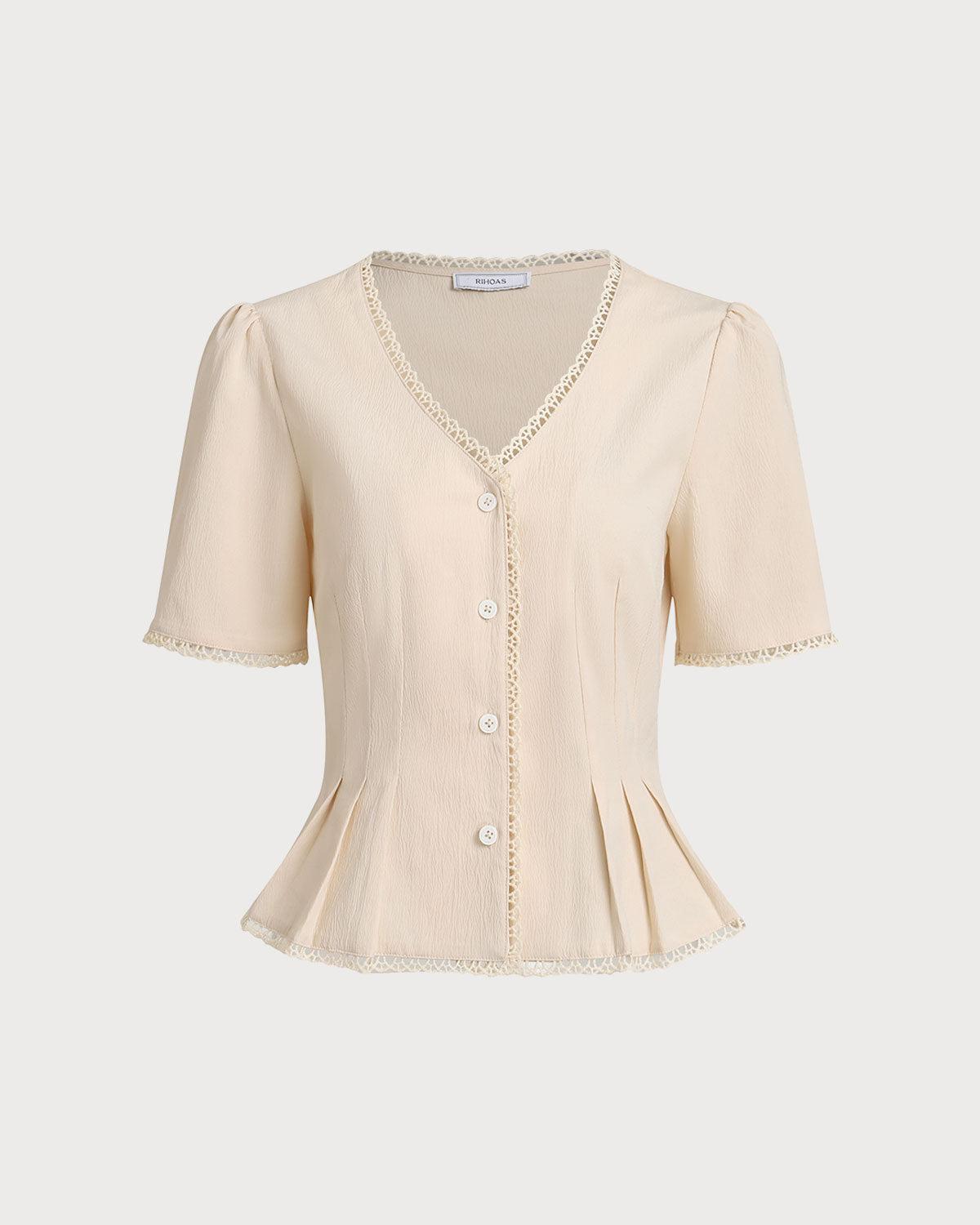 Beige V Neck Pleated Button Blouse Product Image
