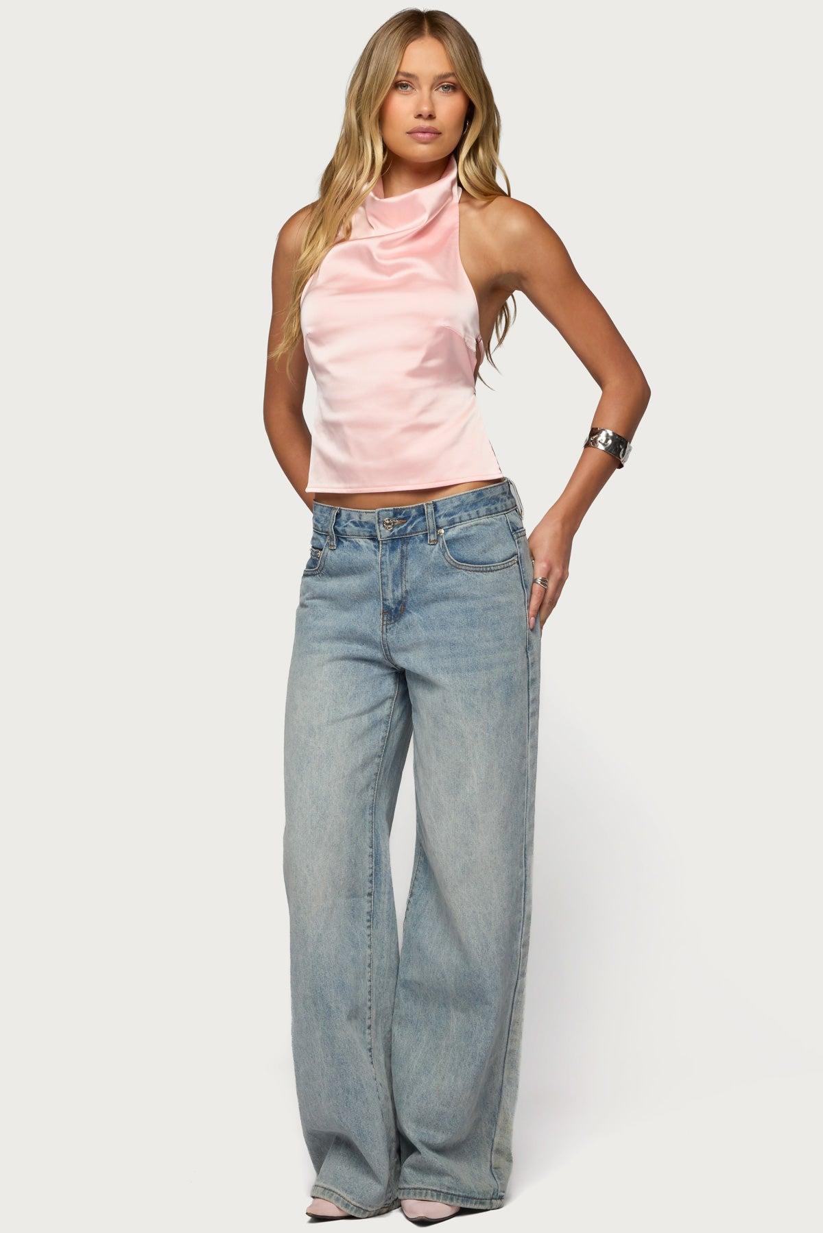Satin Effect Backless Cowl Neck Top Product Image