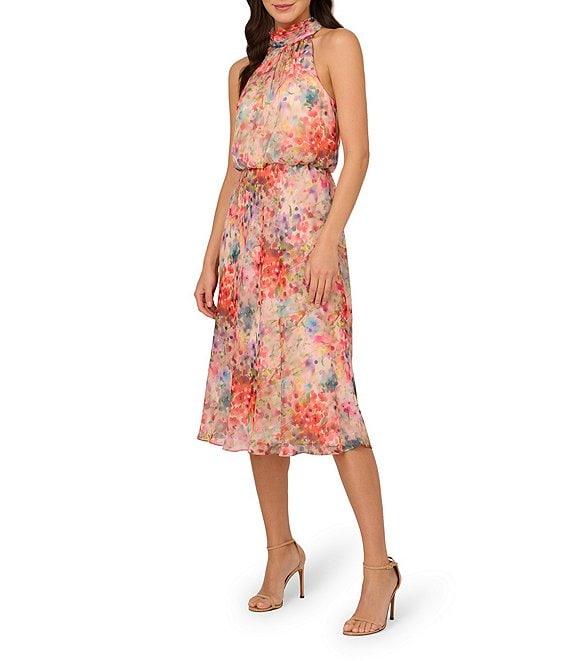 Adrianna Papell Chiffon Floral Print Halter Neck Sleeveless Blouson Midi Dress Product Image