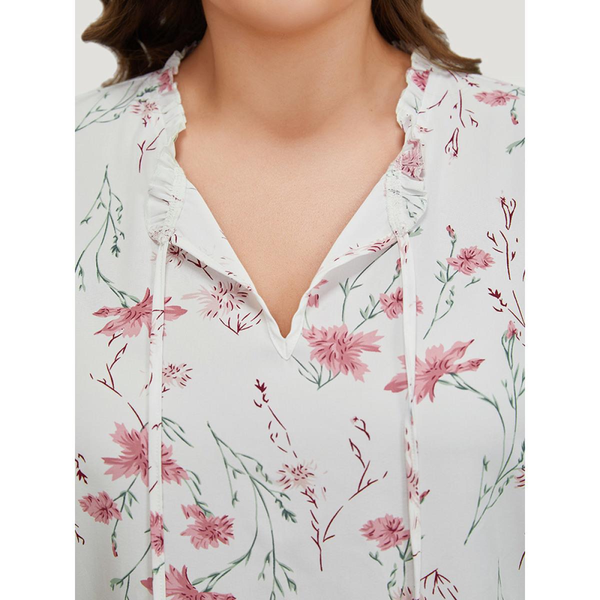Plus Size White Floral Knot Frill Trim Shirred Lantern Sleeve Blouse Women Elegant Short sleeve Tie Neck Dailywear Blouses BloomChic 18-20/2X Product Image