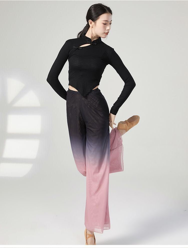 Long-Sleeve Mock Neck Plain Asymmetrical Dance Top Product Image