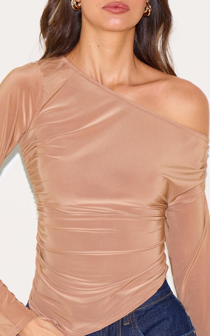 Tan Soft Touch Asymmetric Ruched Long Sleeve Top Product Image
