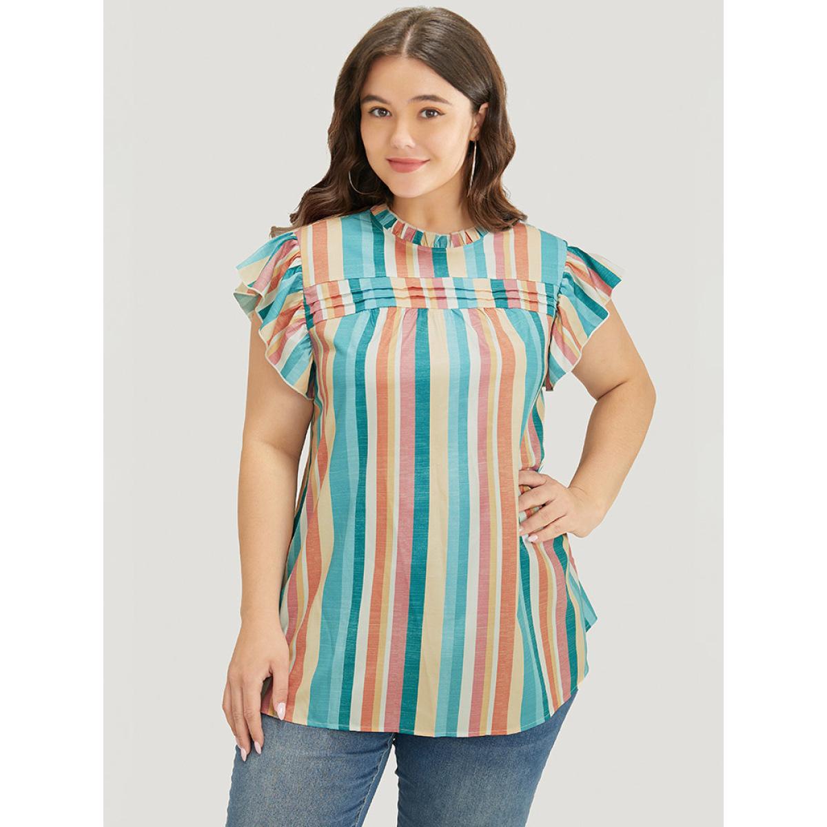 Plus Size Turquoise Striped Contrast Pleated Cap Sleeve Keyhole Frill Trim Blouse Women Vacation Cap Sleeve Mock Neck Dailywear Blouses BloomChic 10/M Product Image