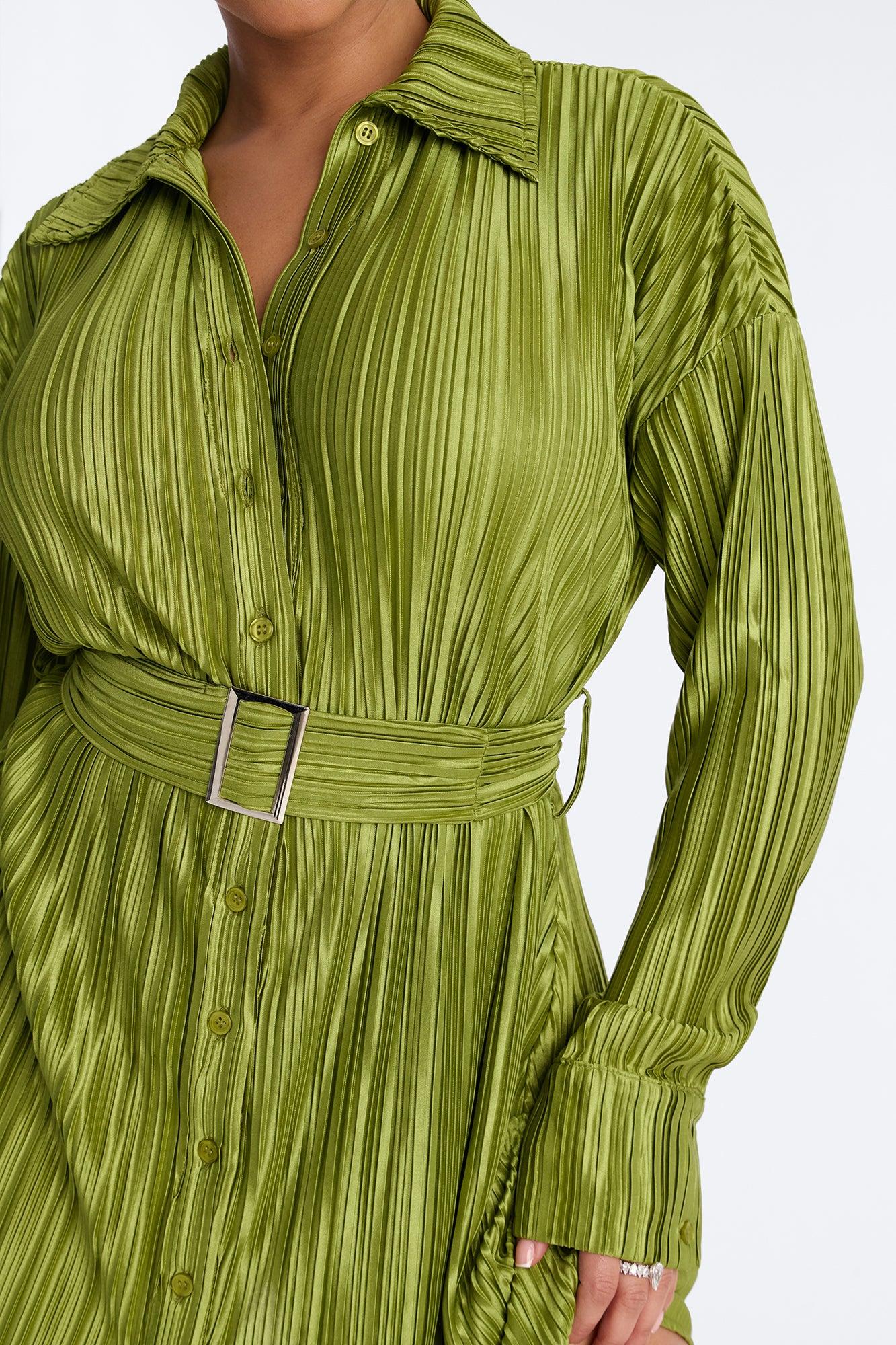 Hot Off The Press Pleated Satin Mini Dress - Green Female Product Image