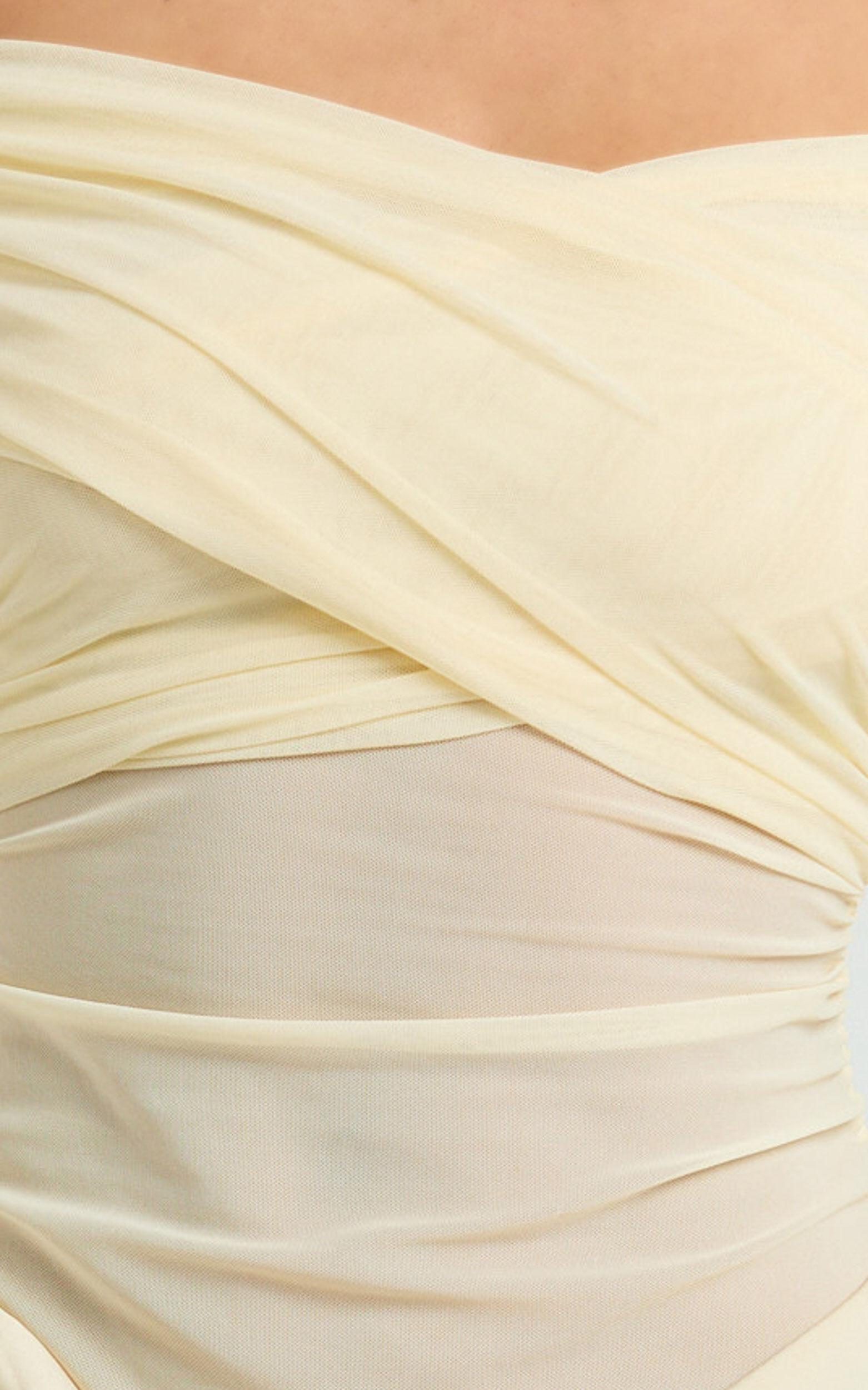 Jade Mini Dress - Long Sleeve Off Shoulder Draped Bias Cut Dress in Cream Product Image