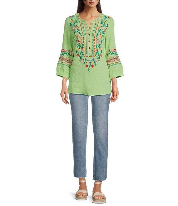 Calessa Petite Size Embroidered Floral Patchwork Split V-Neck 3/4 Sleeve Tunic Product Image