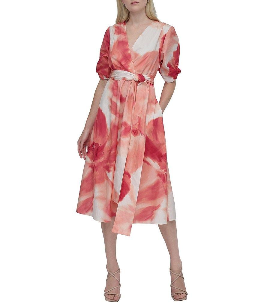 DKNY by Donna Karan Short Sleeve Abstract Floral Print Chiffon Faux Wrap Midi Dress Product Image