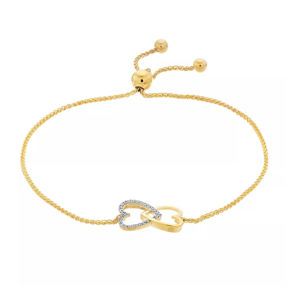 Gold Over Silver 1/10 Carat T.W. Diamond 2 Heart Adjustable Bracelet, Women's, Size: 5-9" ADJ, Gold Tone Product Image
