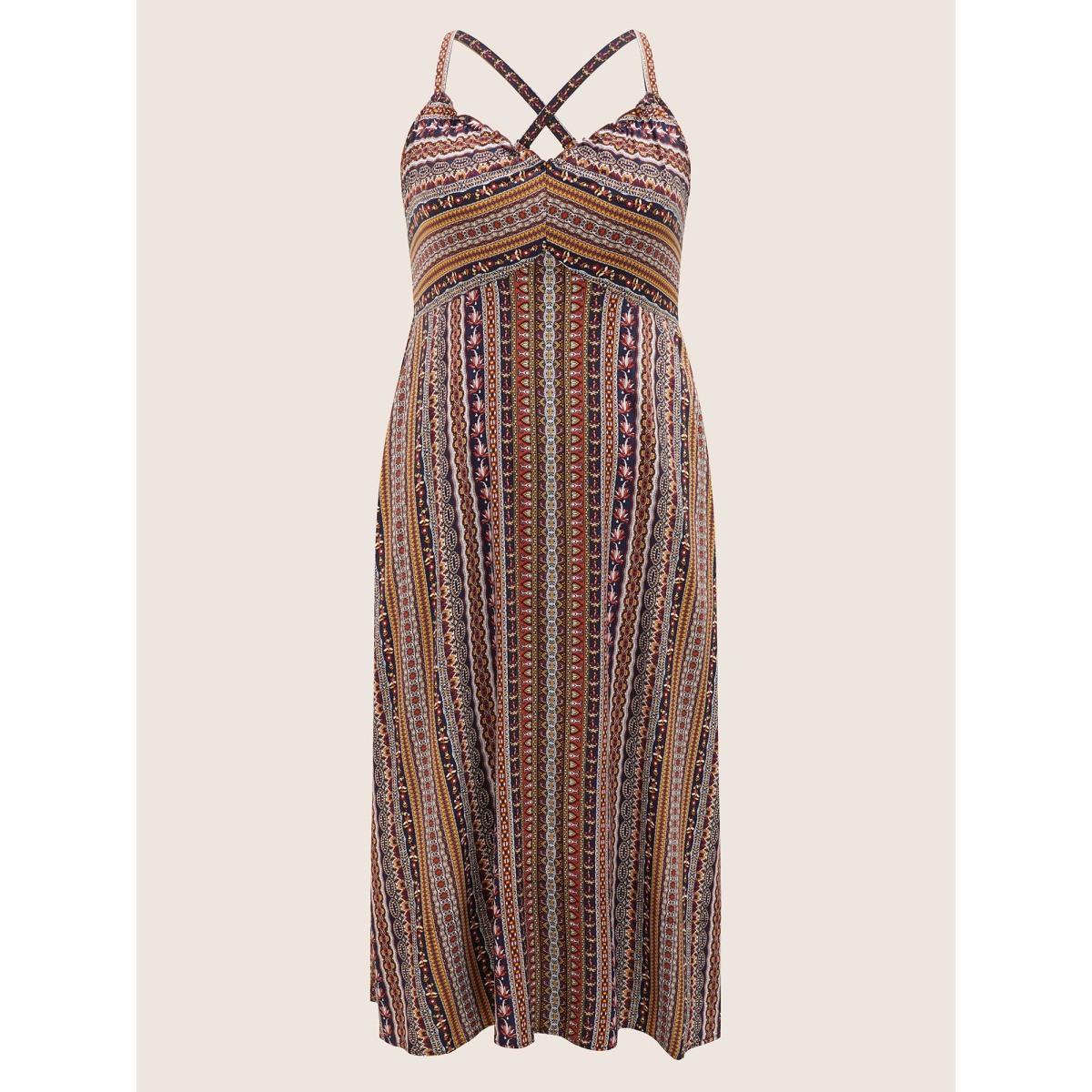 Plus Size Boho Print Elastic Waist Split Hem Cami Dress Navy Women Boho Non V-neck Sleeveless Curvy BloomChic 14-16/1X Product Image