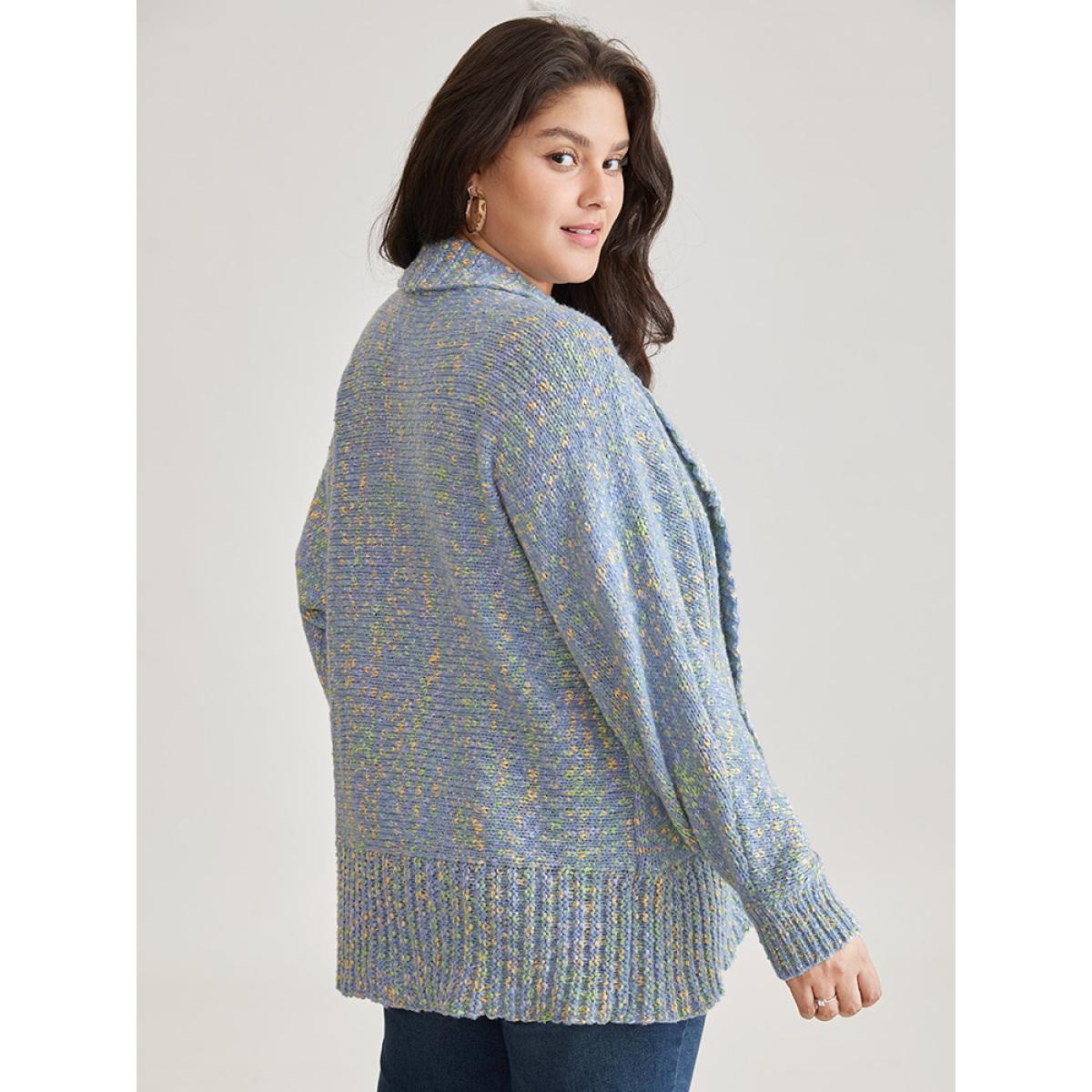 Plus Size Heather Contrast Lapel Collar Curved Hem Cardigan LightBlue Women Casual Loose Long Sleeve Dailywear Cardigans BloomChic 18-20/2X Product Image