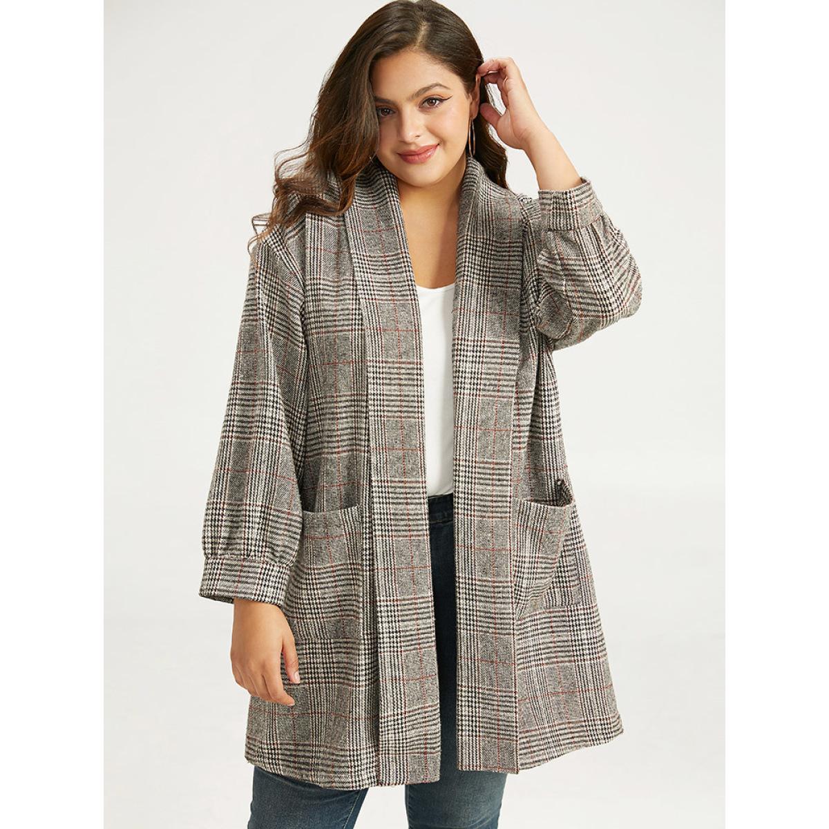 Plus Size Plaid Lapel Collar Patched Pocket Coat Women Tan Casual Texture Ladies Dailywear Winter Coats BloomChic 26/4X Product Image