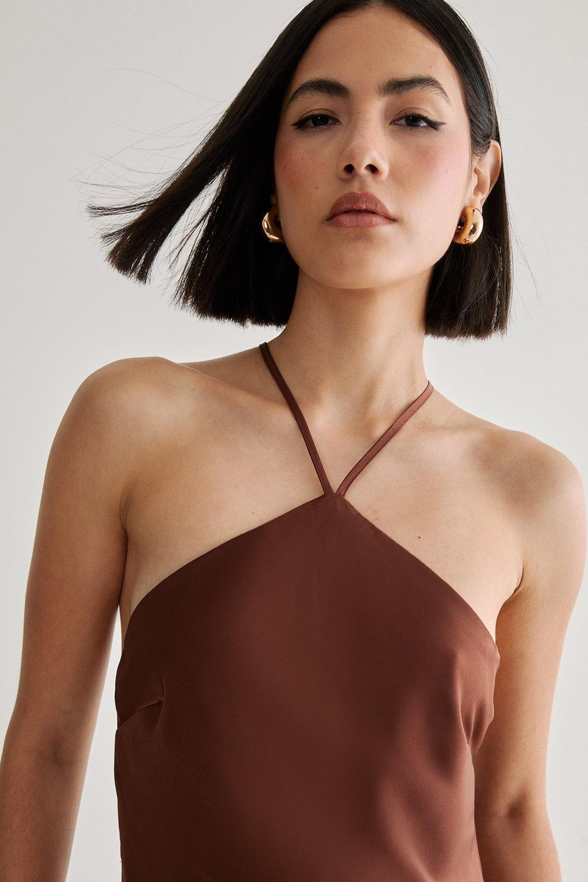 Satin Halter Neck Cowl Back Maxi Dress Product Image