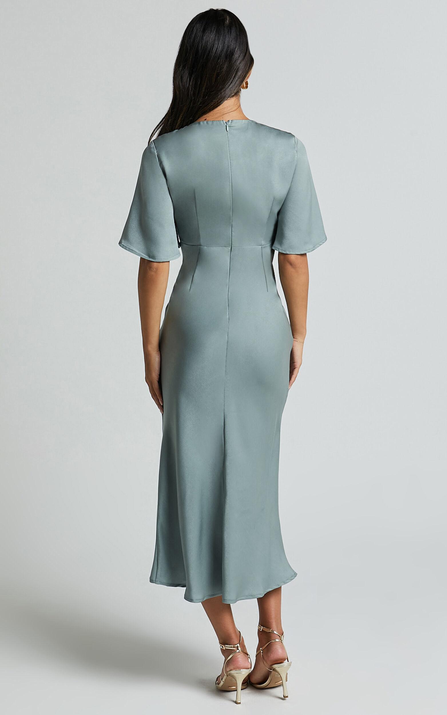 Nicholla Midi Dress - Ruched Front Angel Sleeve Slip Dress in Sage Product Image