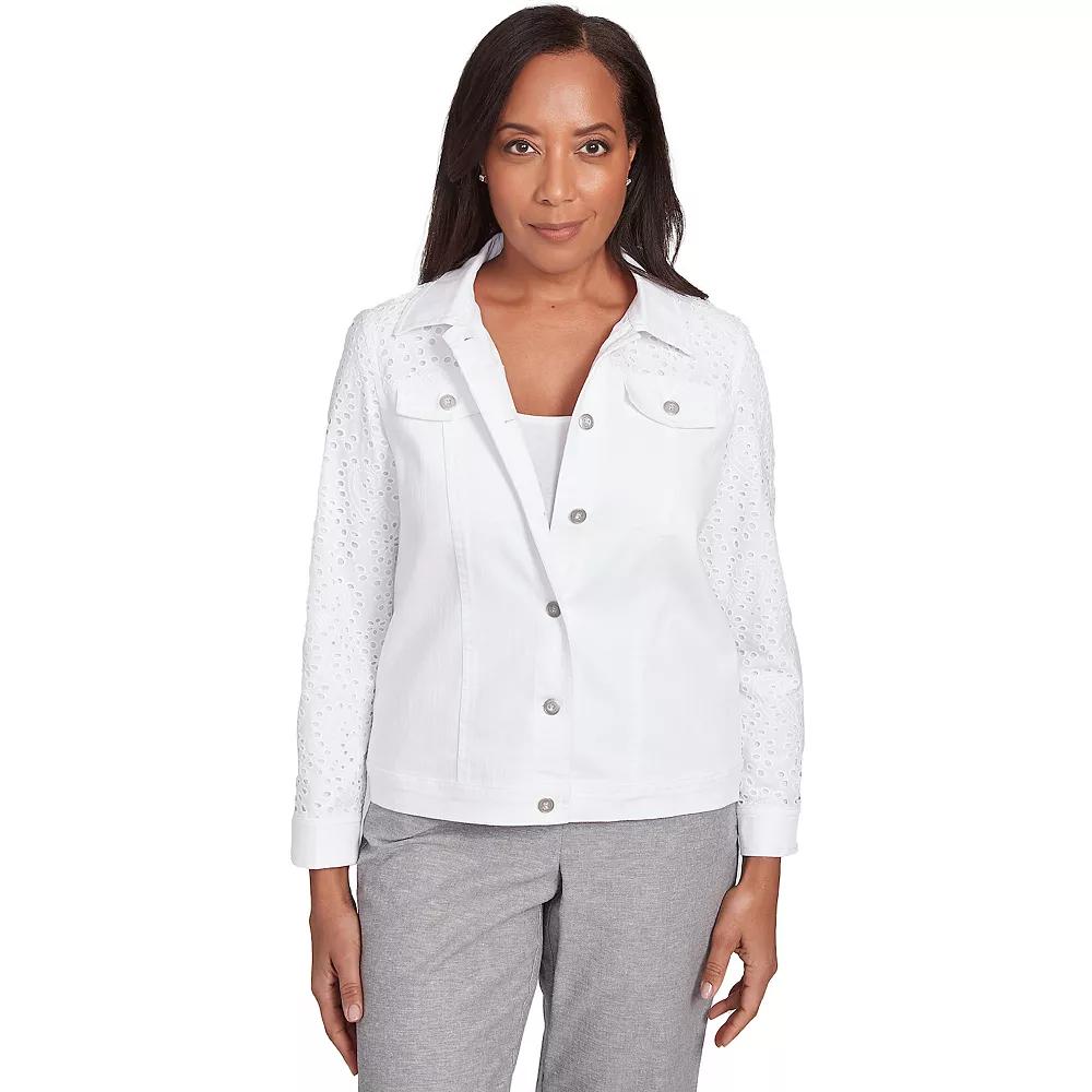Women's Alfred Dunner Eyelet Long Sleeve Jacket, Size: Small, White Product Image