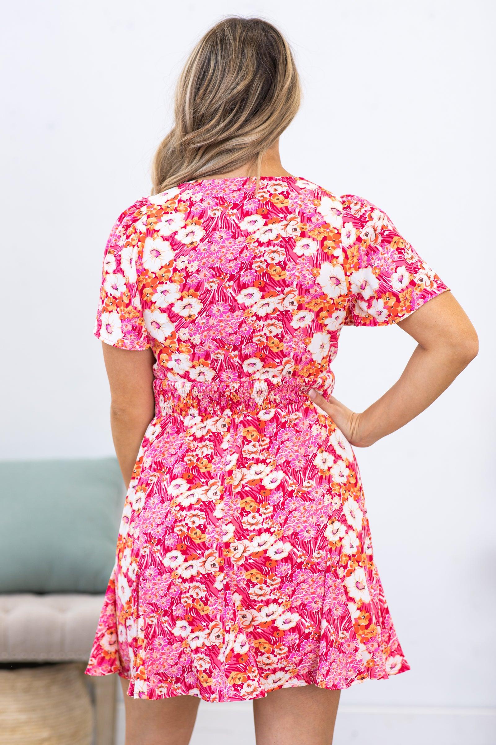 Hot Pink Multicolor Floral Self Tie Dress Product Image