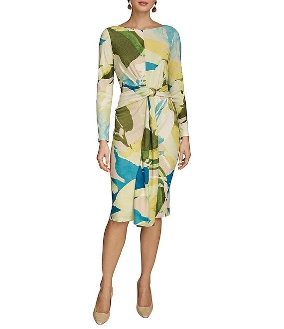 Donna Karan Crew Neck Long Sleeve Front Twist O-Ring Sheath Dress Product Image