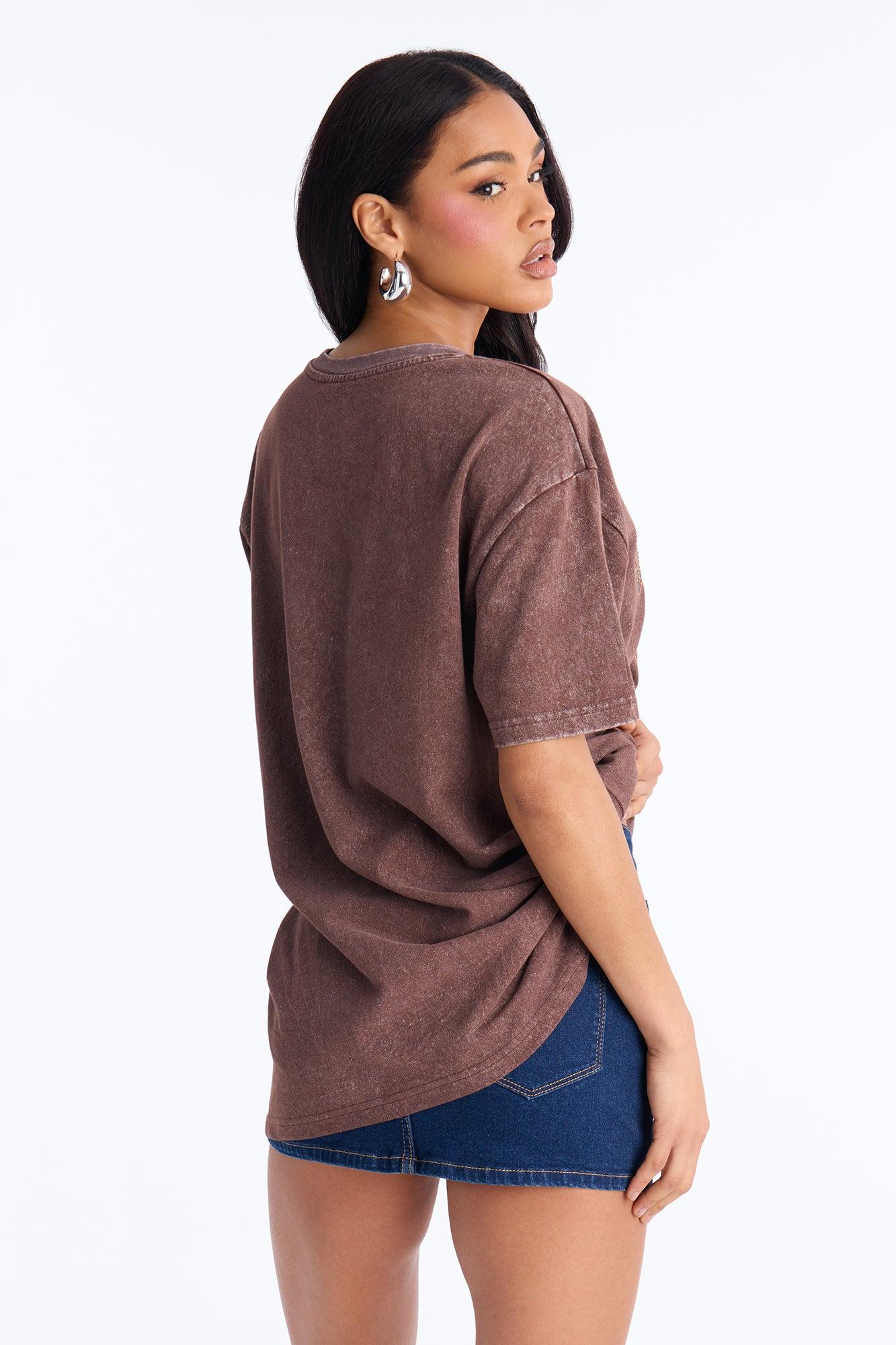 Giddy Up Boots Washed Tee With Rhinestones - Dark Brown Female Product Image