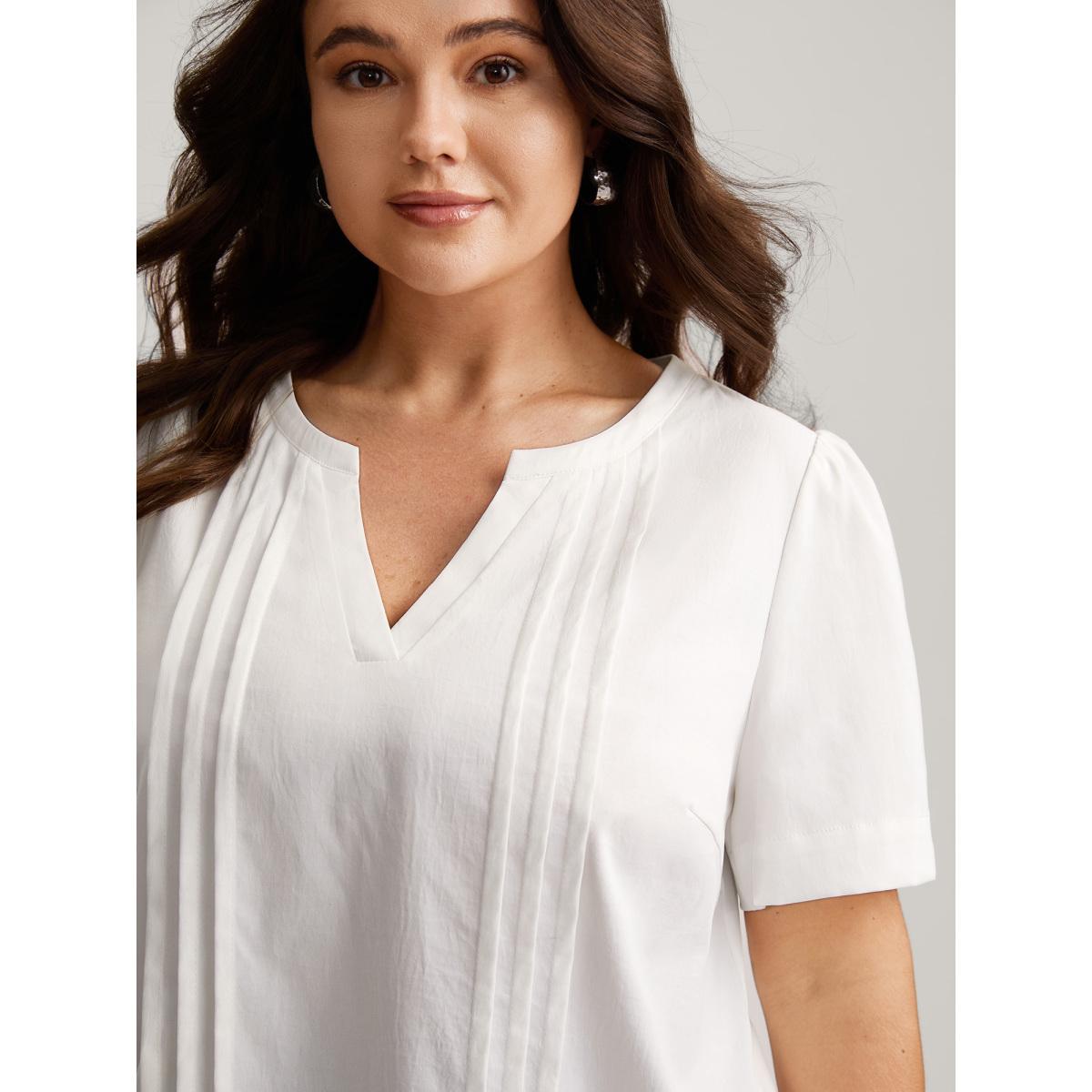 Plus Size Ivory Toothpick Pleats Notched Collar Solid Blouse Women Office Short sleeve Notched collar Office Blouses BloomChic 22-24/3X Product Image