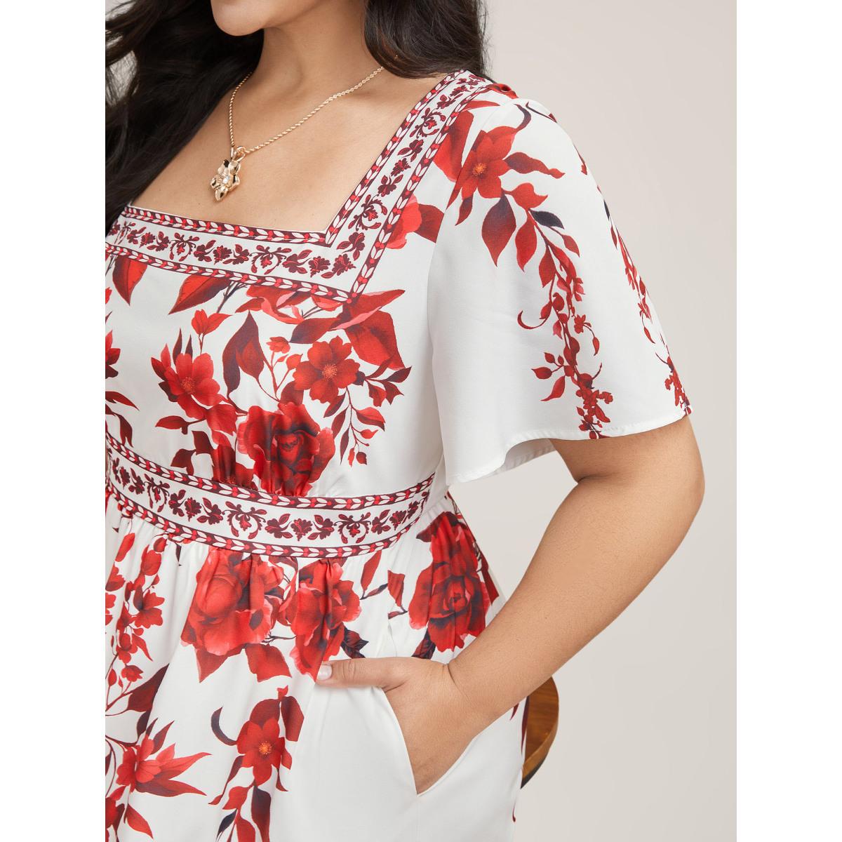 Plus Size Bohemian Floral Print Stretchy Waist Maxi Dress Originalwhite Women Elegant Non Square Neck Short sleeve Curvy BloomChic 12/L Product Image