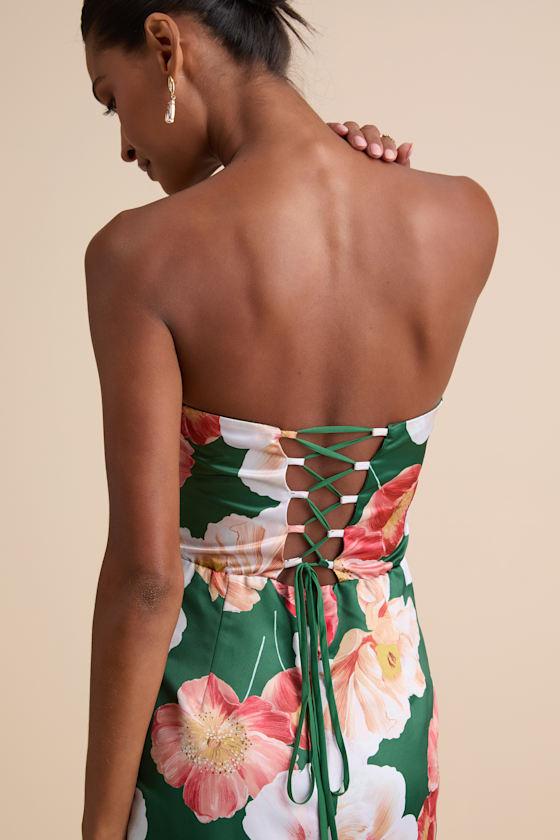 Oriana Dark Green Floral Satin Strapless Midi Dress Product Image